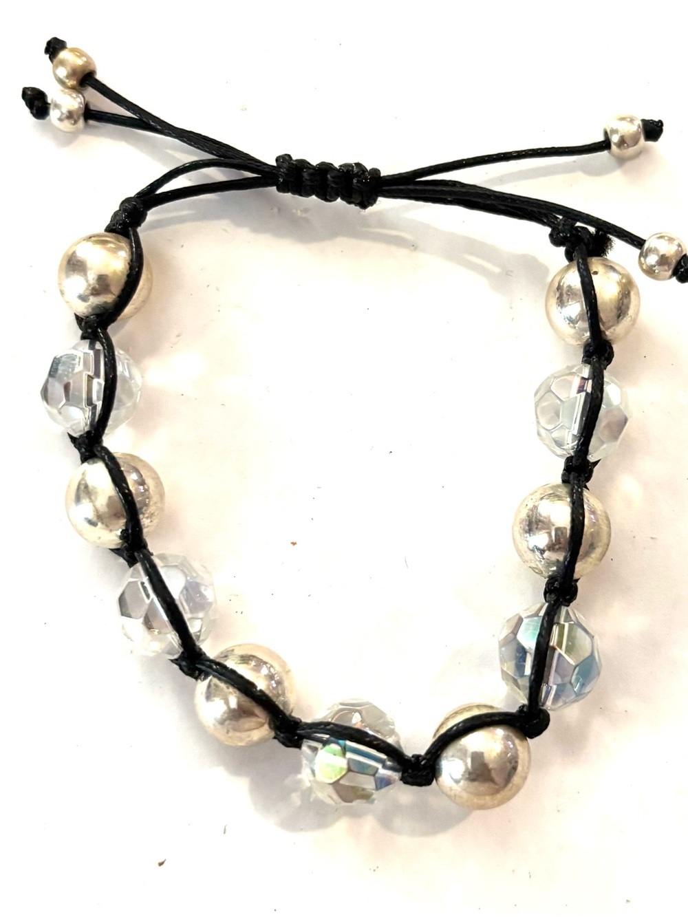 Adjustable Black Cord Bracelet with Silver Beads and Clear Faceted Crystals